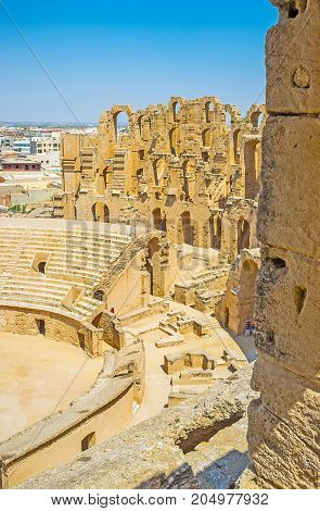 The Arched Walls Of El Jem Amphitheater In El Djem