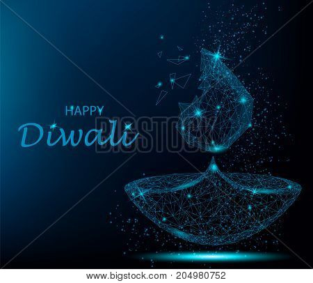 Happy diwali vector illustration. Deepavali light and fire festival. Polygonal art on blue background