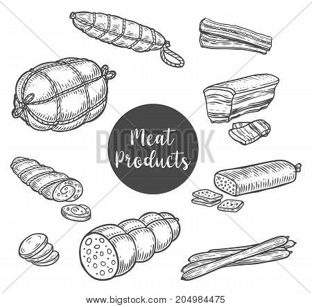 Beef ham and smoked roulade sketches for store or shop, market poster. Kielbasa and frankfurter sausages on butcher banner or badge. Restaurant and farm, nutrition and food, meal theme