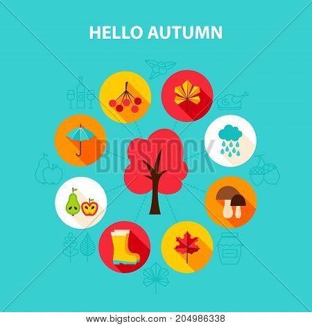 Concept Hello Autumn. Stock Vector Fall Illustration. Seasonal Infographics.