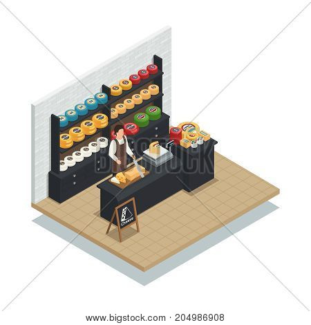 Cheese seller specialist isometric icon with hard emmental soft mozzarella and creamy italian production varieties vector illustration