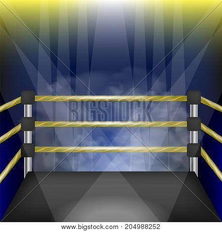 Professional Empty Boxing Ring with Ropes. Hand Drawn Cartoon of Sport Stadium with Spotlights