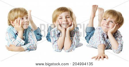 Happy Child Little Kid Boy Lying Down on Stomach hand on chin isolated over White background