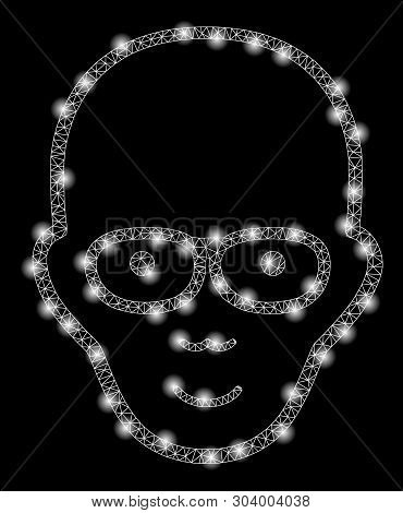 Bright Mesh Bald Head With Lightspot Effect. Abstract Illuminated Model Of Bald Head Icon. Shiny Wir