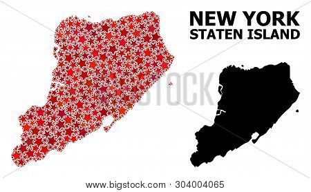 Red Star Mosaic And Solid Map Of Staten Island. Vector Geographic Map Of Staten Island In Red Color 