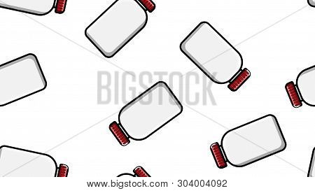 Seamless Pattern Texture Of White Plastic Medical Pharmacetic Jars With Lids Of Drugs, Drugs On A Wh