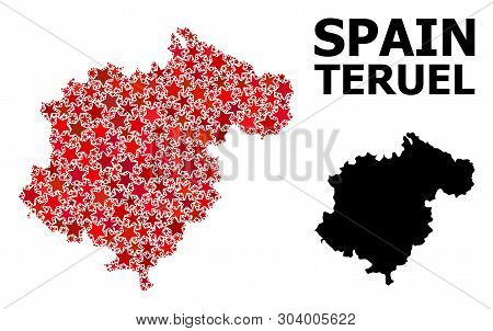 Red Star Mosaic And Solid Map Of Teruel Province. Vector Geographic Map Of Teruel Province In Red Co