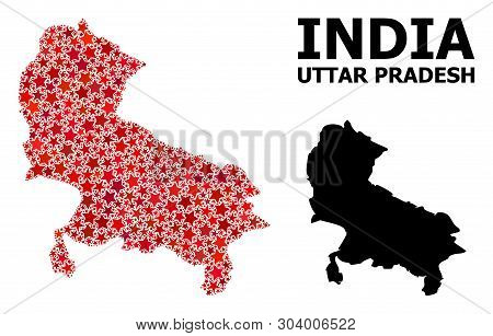 Red Star Mosaic And Solid Map Of Uttar Pradesh State. Vector Geographic Map Of Uttar Pradesh State I