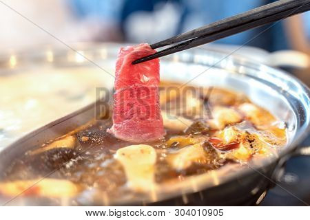 Delicious Spicy Beef Shabu Shabu In The Hot Pot.