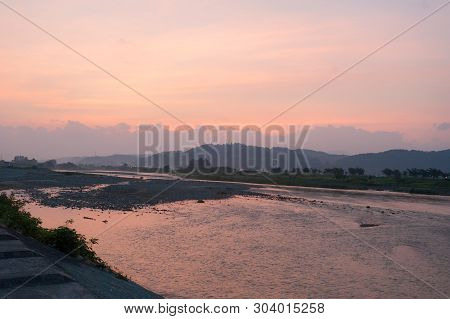 Sunset On The Sagae River In Yamagata Prefecture.