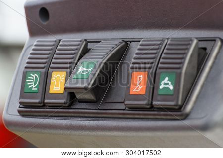 Operating Control Panel With Buttons In Truck, Agricultural Or Industrial Machine Or Other Vehicle