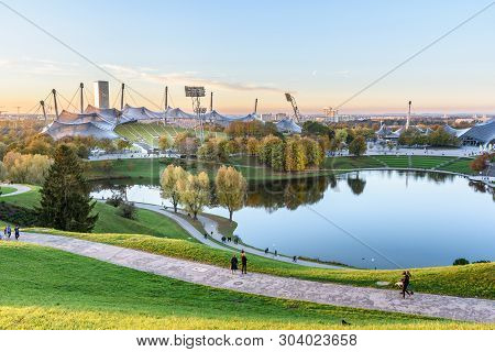 Munich, Germany - November 01, 2018: Olympic Park Or Olympiapark On Sunset