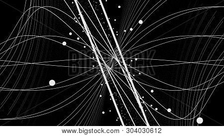 Straight And Curved White Lines Moving And Rotating On Black Background With Rows Of White Dots, Sea