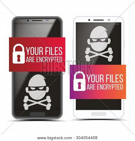 Cracking Smartphone With Pirate Malware Set Vector. Padlock And Text On Banner And Skull Of Death On