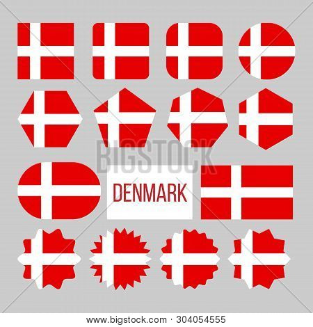 Denmark Flag Collection Figure Icons Set Vector. On Red Field Charged Background White Nordic Cross 