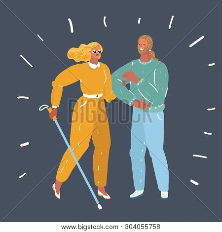Vector Cartoon Illustration Of Blind Person Walking With Cane On Dark. Young Smiling Male Volunteer 