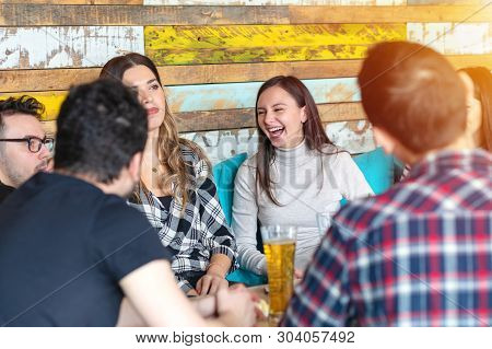 Group Of Happy Friends Drinking Beer At Brewery Bar Restaurant - Friendship Concept With Young Mille