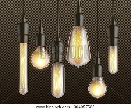 Different Shapes And Forms Retro Incandescent Light Bulbs With Heated Wire Filament Hanging From Abo