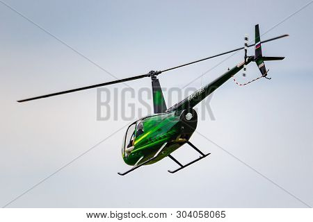 Balashikha, Moscow Region, Russia - May 25, 2019: Helicopter Robinson R44 Raven Ra-07368 Flies Again