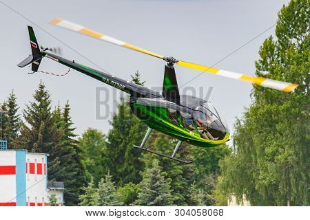 Balashikha, Moscow Region, Russia - May 25, 2019: Helicopter Robinson R44 Raven Ra-07368 Flies Again