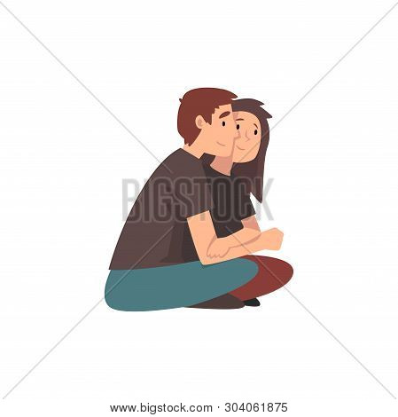 Young Man And Beautiful Woman Sitting On Ground And Hugging, Happy Romantic Couple On Date, Back Vie