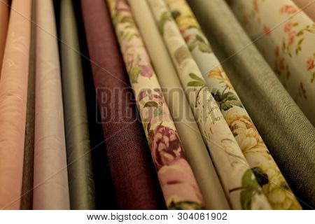 Sale! colorful fabrics in the store, close up