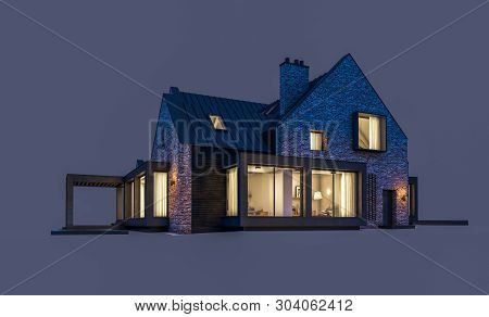 3D Rendering Of Modern Clinker House On The Ponds With Pool In Night Isolated On Gray