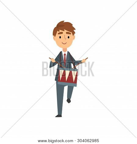 Boy Playing Drum, Talented Young Drummer Character Playing Percussion Musical Instrument At Concert 