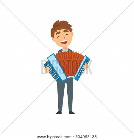 Boy Playing Accordion, Talented Young Accordionist Character Playing Acoustic Musical Instrument At 