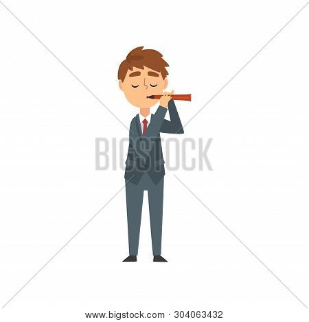 Boy Playing Flute, Talented Young Flutist Character Playing Brass Musical Instrument Vector Illustra
