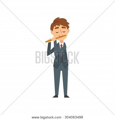 Boy Playing Flute, Talented Young Flutist Character Playing Musical Instrument At Concert Of Classic