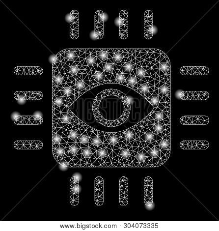 Bright Mesh Bionic Eye Processor With Lightspot Effect. Abstract Illuminated Model Of Bionic Eye Pro