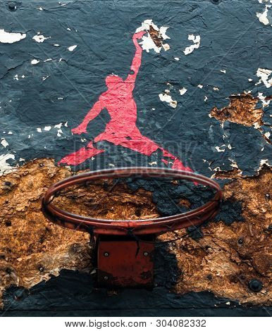 Kyiv, Ukraine -  February 1, 2018: Jumpman Logo By Nike Painted On The Old Black Backboard Of The Ba