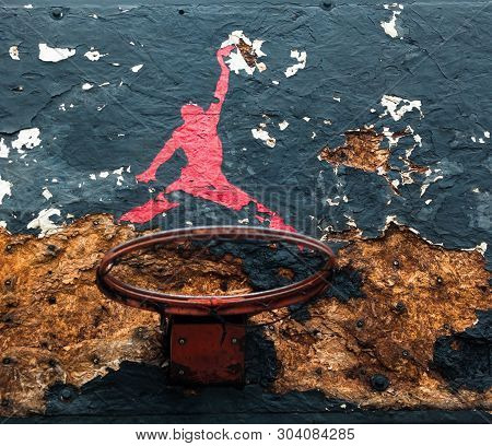 Kyiv, Ukraine -  February 1, 2018: Jumpman Logo By Nike Painted On The Old Black Backboard Of The Ba