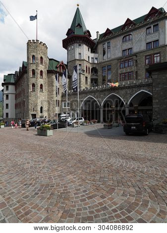 St. Moritz, Switzerland On August 2018: Badrutts Palace Hotel Building In European City Center With 
