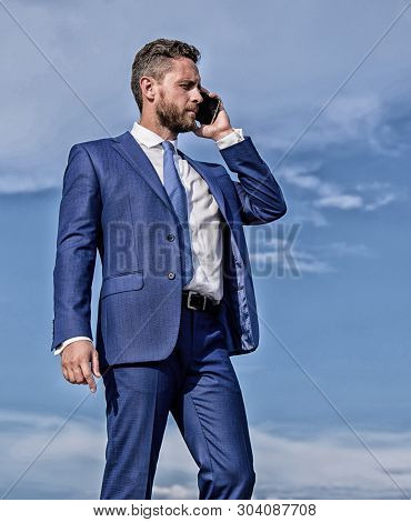Entrepreneur Control Business Remotely By Phone Call Outdoors. Asking For Assistance. Businessman Ca