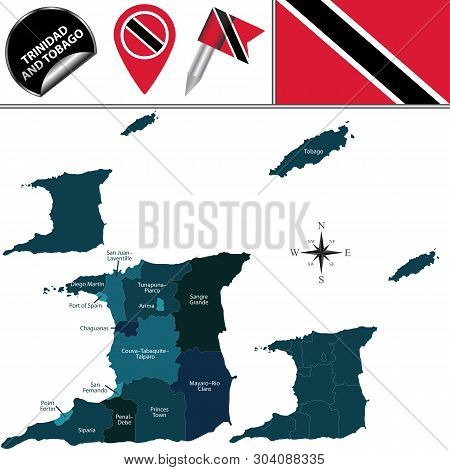 Vector Map Of Trinidad And Tobago With Named Corporations And Municipalities And Travel Icons