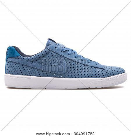 Vienna, Austria - August 10, 2017: Nike Tennis Classic Ultra Qs Blue And White Sneaker On White Back