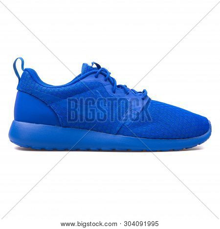 Vienna, Austria - August 10, 2017: Nike Roshe One Hyp Blue Sneaker On White Background.
