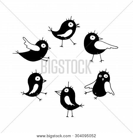 Cute Cartoon Hand Drawn Summer Bird Symbol Set Of Funny Birds. Sweet Vector Black And White Summer B