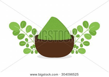 Moringa Oleifera Leaves And Powder, Asian Superfood, Vector Cartoon Illustration.