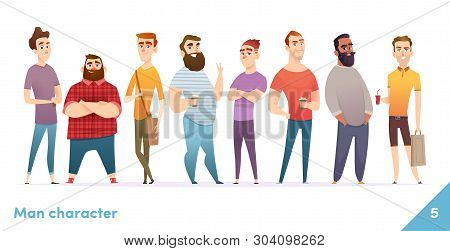 People Character Design Collection. Modern Cartoon Flat Style. Males Or Manegers Stand Together. You