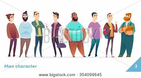 People Character Design Collection. Modern Cartoon Flat Style. Males Or Manegers Stand Together. You