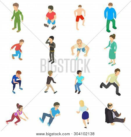Tired Man Icons Set. Isometric Set Of 16 Tired Man Vector Icons For Web Isolated On White Background