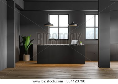 Reception Desk In Gray Office Interior