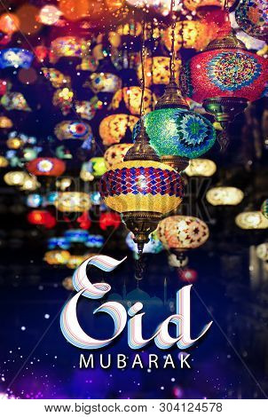 Multi Color Eid Mubarak Image Traditional Hanging Light Lamp Colorful Shot From Dubai Gold And Spice