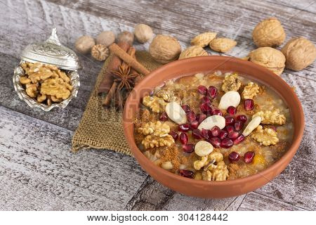 Traditional Delicious Turkish Desserts; Ashura (asure). Food Concept Photo.