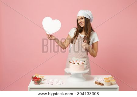 Chef Cook Confectioner Or Baker In Apron White T-shirt, Toque Chefs Hat Cooking Cake Or Cupcake At T