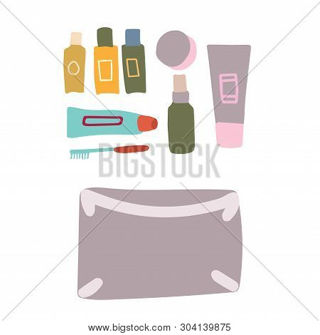 Vector Illustration Of Toiletries In Hand Luggage. Flat Lay Concept. Acceptable Size Tubes. Open Pac