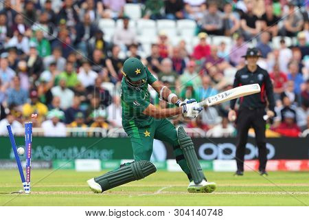 NOTTINGHAM, ENGLAND. 31 MAY 2019: Wahab Riaz of Pakistan is bowled out during the West Indies vs Pakistan, ICC Cricket World Cup match, at Trent Bridge, Nottingham, England.